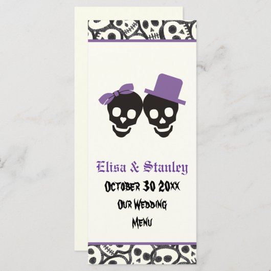 Leuke schedels Halloween paarse bruiloft menukaart (Voorkant / Achterkant)