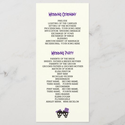 Leuke schedels Halloween paarse bruiloft programma Programmakaart (Achterkant)