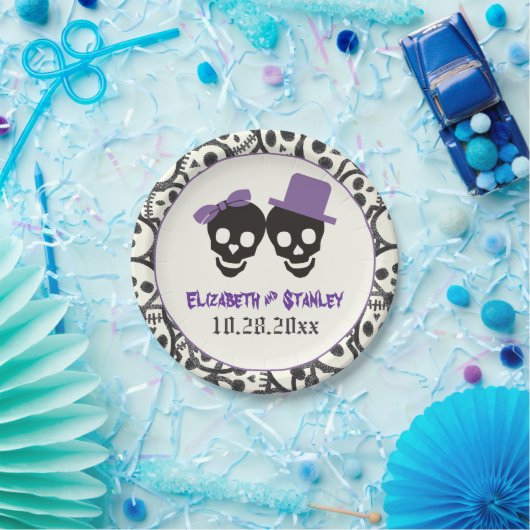 Leuke schedels Halloween paarse en zwarte bruiloft Papieren Bordje (Feest)