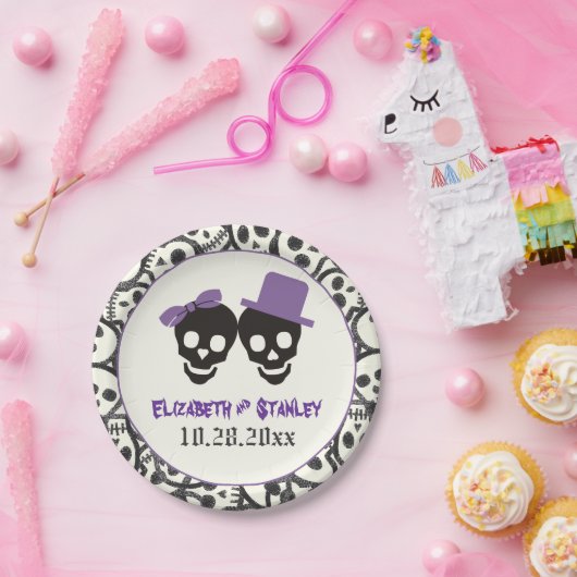 Leuke schedels Halloween paarse en zwarte bruiloft Papieren Bordje (Feest)