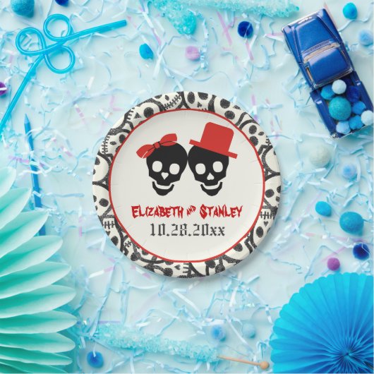 Leuke schedels Halloween rood en zwart bruiloft Papieren Bordje (Feest)