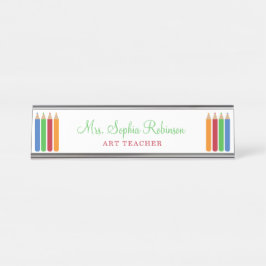 Leuke school leraar schoolbenodigdheden gepersonal bureau naambordje