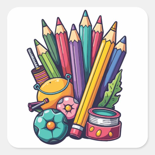 Leuke schoolbenodigdheden vierkante sticker (Voorkant)