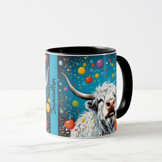 Leuke Schotse Hoogland Koe met bubbels. bewerkbaar Mok (Voorkant rechts)