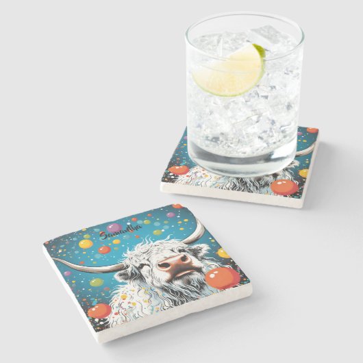 Leuke Schotse Hoogland Koe met bubbels. bewerkbaar Stenen Onderzetter (Zijkant)