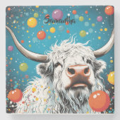 Leuke Schotse Hoogland Koe met bubbels. bewerkbaar Stenen Onderzetter (Voorkant)