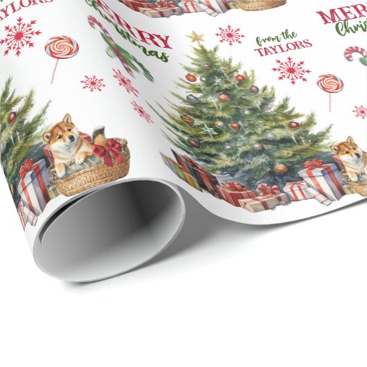 Leuke Shiba Inu Puppy Onder de Kerstboom Cadeaupapier (Rol Hoek)