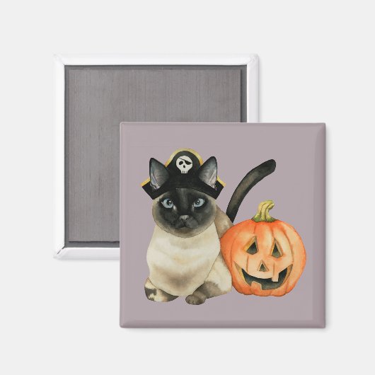 Leuke Siamese Pirate Kat met Jack O Lantern Magneet (Voorkant / Achterkant)