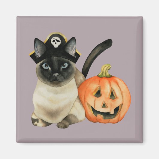 Leuke Siamese Pirate Kat met Jack O Lantern Magneet (Voorkant)