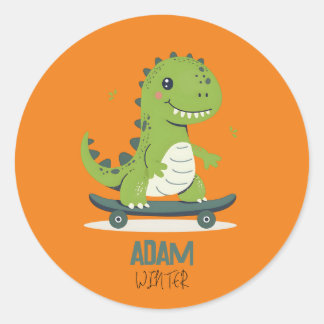Leuke skateboarden dinosaurus met Kinder naam Ronde Sticker