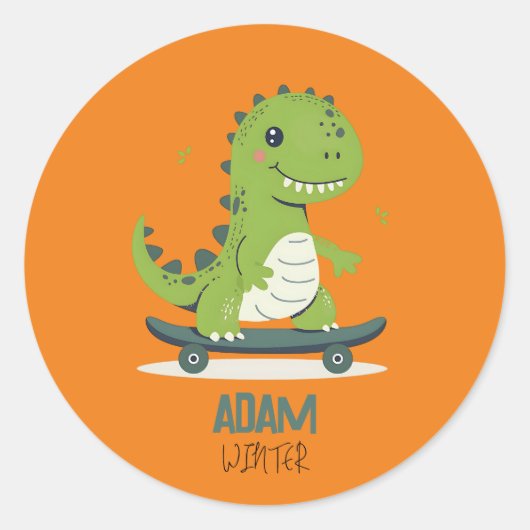 Leuke skateboarden dinosaurus met Kinder naam Ronde Sticker (Voorkant)