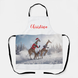Leuke Skiën Giraffe Familie Kerst Gepersonaliseerd Schort