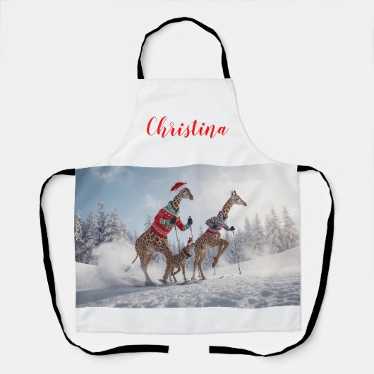 Leuke Skiën Giraffe Familie Kerst Gepersonaliseerd Schort (Voorkant)