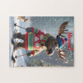 Leuke Skiing Moose Kerstmis gepersonaliseerde puzz Legpuzzel (Horizontaal)