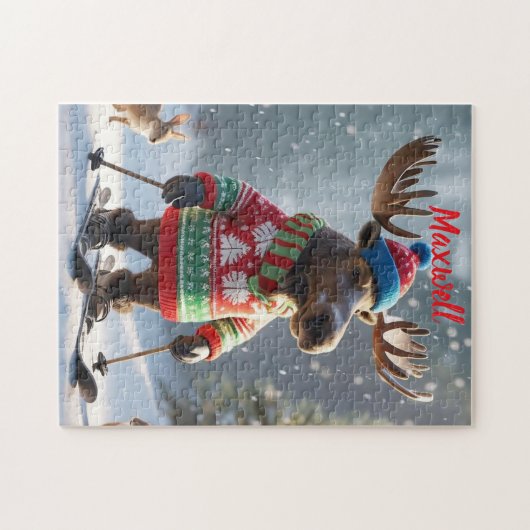 Leuke Skiing Moose Kerstmis gepersonaliseerde puzz Legpuzzel (Horizontaal)