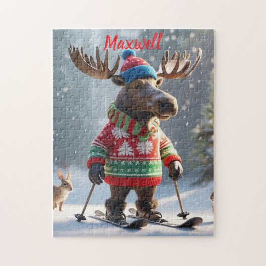 Leuke Skiing Moose Kerstmis gepersonaliseerde puzz Legpuzzel (Verticaal)