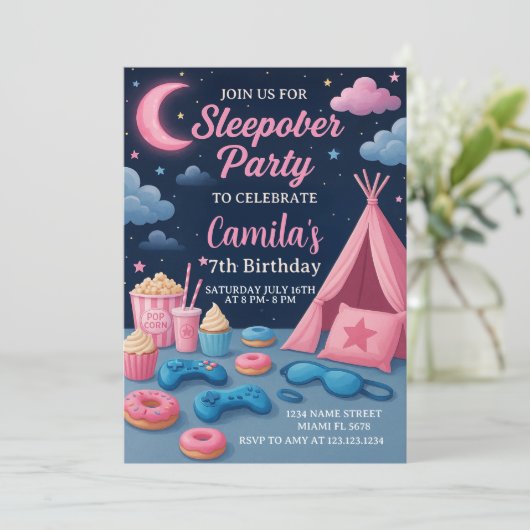 Leuke Sleepover Party Uitnodiging voor Meisjes (Staand voorkant)
