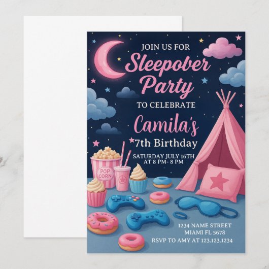 Leuke Sleepover Party Uitnodiging voor Meisjes (Voorkant / Achterkant)