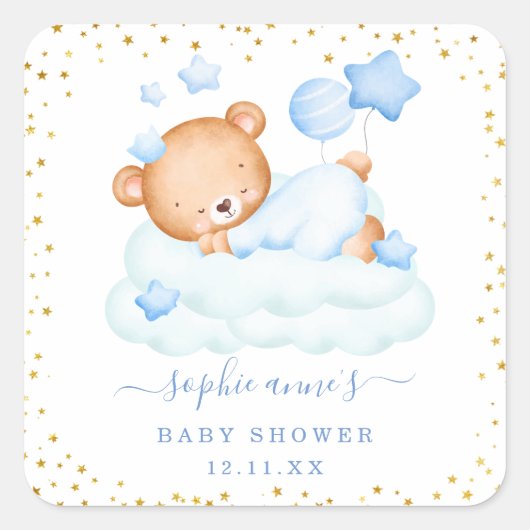 Leuke Sleepy Teddy Bear Balloons Jongen Baby showe Vierkante Sticker (Voorkant)