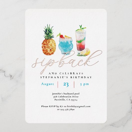 Leuke slok terug Cocktails Verjaardagsfeest Roos G Folie Uitnodiging (Voorkant)