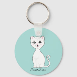 Leuke Smart White Kitten Cartoon op Lichtblauw Sleutelhanger