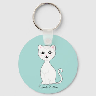 Leuke Smart White Kitten Cartoon op Lichtblauw Sleutelhanger