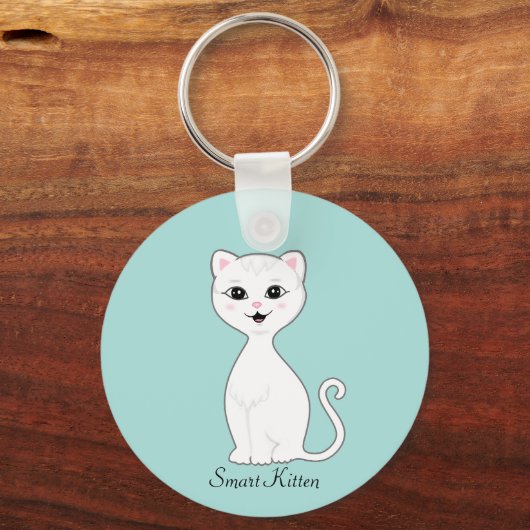 Leuke Smart White Kitten Cartoon op Lichtblauw Sleutelhanger (Achterkant)