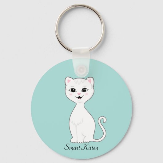 Leuke Smart White Kitten Cartoon op Lichtblauw Sleutelhanger (Achterkant)