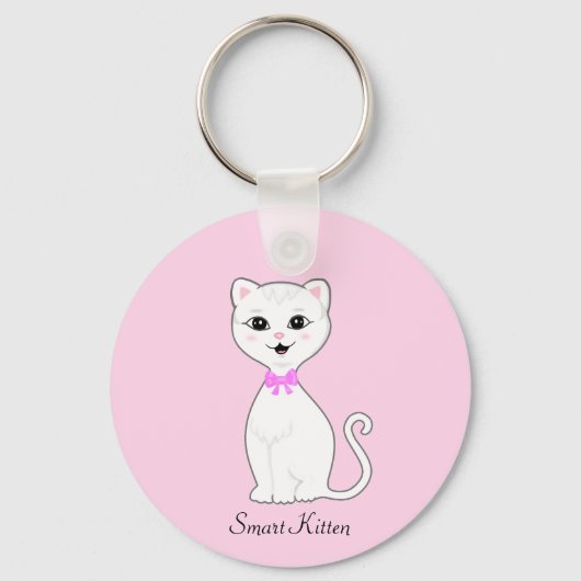 Leuke Smart White Kitten Cartoon op Lichtroze Sleutelhanger (Voorkant)