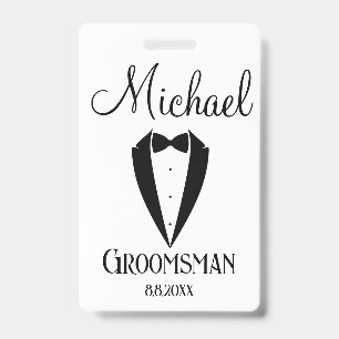 leuke smoking met strik bruidsjonker gepersonalise badge