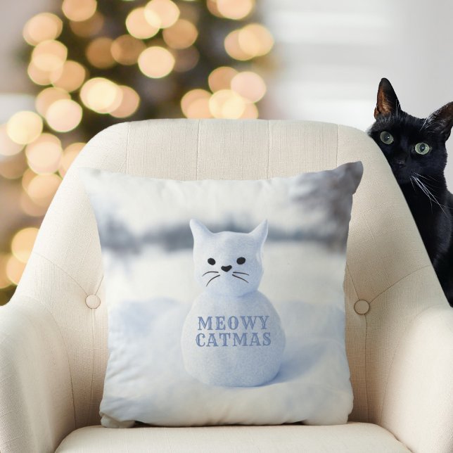 Leuke Sneeuwkat Meowy Catmas Sneeuwvlokken Kerstmi Kussen (Meowy Catmas! Here's a fun & festive snow cat/winter snowflakes pillow. Your cat will love it! 😺)