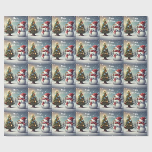 Leuke sneeuwman en kerstboom cadeaupapier (Vlak)