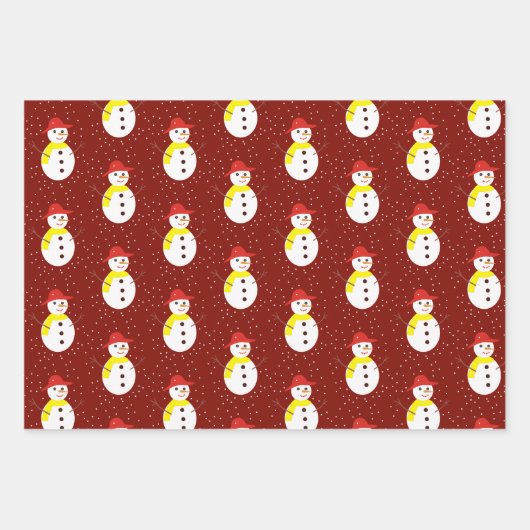 Leuke sneeuwman en sneeuw op rood inpakpapier vel (Voorkant)