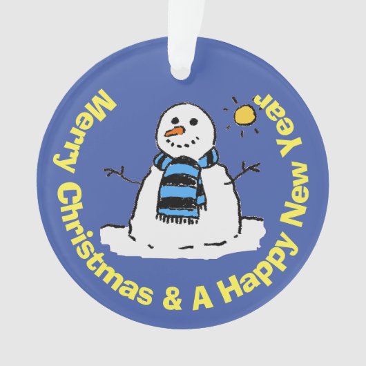 Leuke sneeuwman in een ijskoude winterscène. ornament (voorkant)