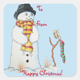 Leuke sneeuwman met de kous van Kerstmis in de Vierkante Sticker