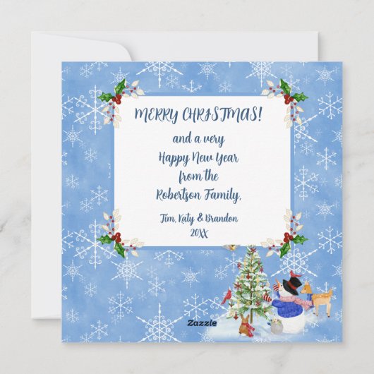 Leuke Sneeuwman Woodland Sneeuw Kerstmis Familie F Feestdagenkaart (Achterkant)