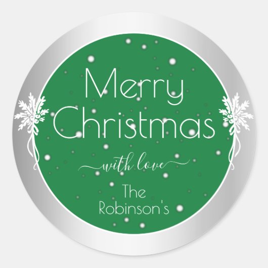 Leuke Sneeuwvlokken Groen en Zilverkleurige Xmas Ronde Sticker (Voorkant)