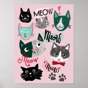 Leuke speelgoedkamer vrolijke kat gezichten kinder poster