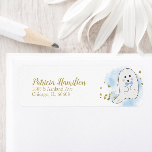 Leuke spook Halloween baby shower label (Insitu)