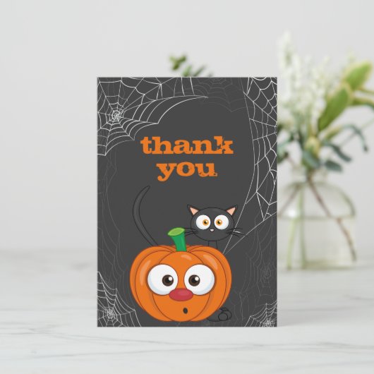 Leuke Spooky Kat en Pompoen Halloween Flat Bedankkaart (Staand voorkant)