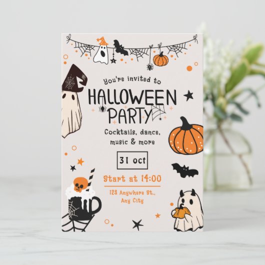 Leuke Spooky Sinaasappel en Black Halloween Party Kaart (Staand voorkant)