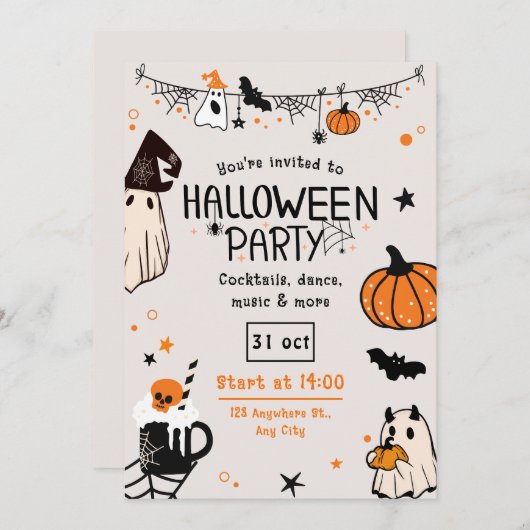 Leuke Spooky Sinaasappel en Black Halloween Party Kaart (Voorkant / Achterkant)