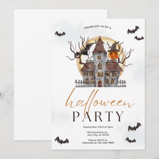 Leuke Spooky Waterverf Kalligrafie Halloween Party Kaart (Voorkant / Achterkant)