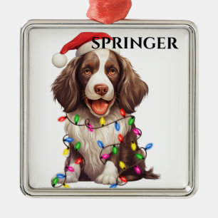 LEUKE SPRINGER SPANIEL HOND MET KERSTVERLICHTING METALEN ORNAMENT