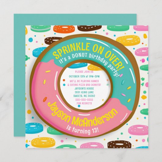 Leuke Sprinkle Donut Verjaardagsfeestuitnodiging Kaart (Voorkant / Achterkant)