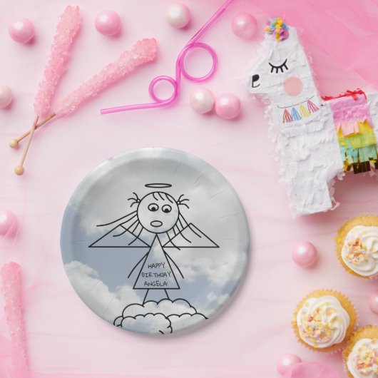 Leuke Stick Engel op Wolken Gepersonaliseerde Verj Papieren Bordje (Feest)