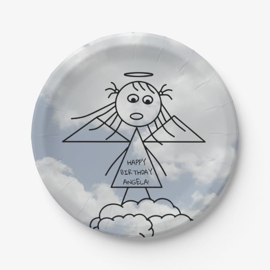 Leuke Stick Engel op Wolken Gepersonaliseerde Verj Papieren Bordje (Voorkant)
