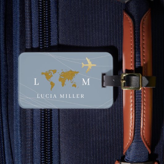 Leuke stoffige blauwe reistaslabel met naam (Voorkant Insitu 4)