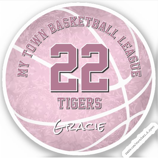 Leuke stoffige roze basketbal met teamnaam sticker (Voorkant)