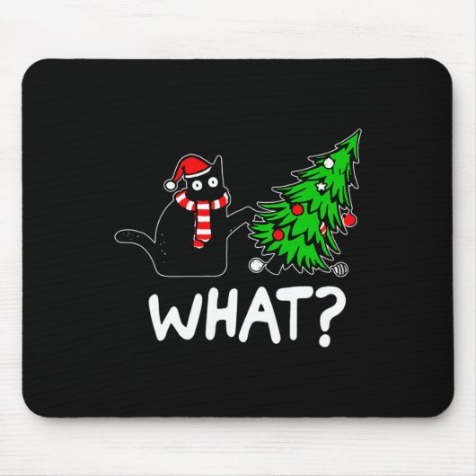 Leuke stoute zwarte kat duwt kerstboom om muismat (Voorkant)